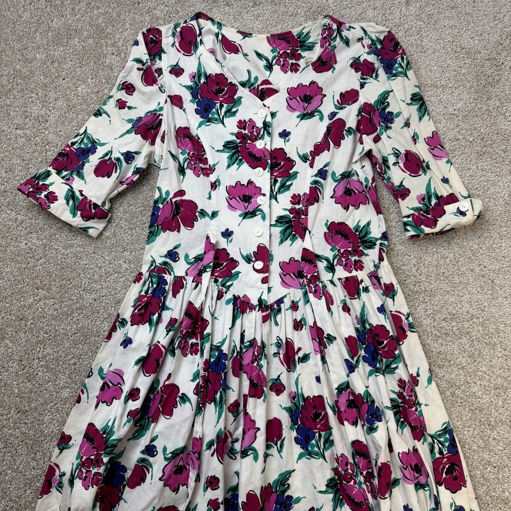 Vintage 80s Glenfrey Fashions Dress Womens 11 White Floral Fit & Flare Midi
